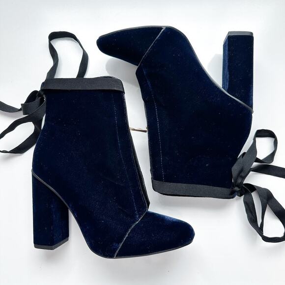 Zara Navy Blue Velvet Block Heel Lace Up Ankle Booties Zip Size 36 - Picture 9 of 16